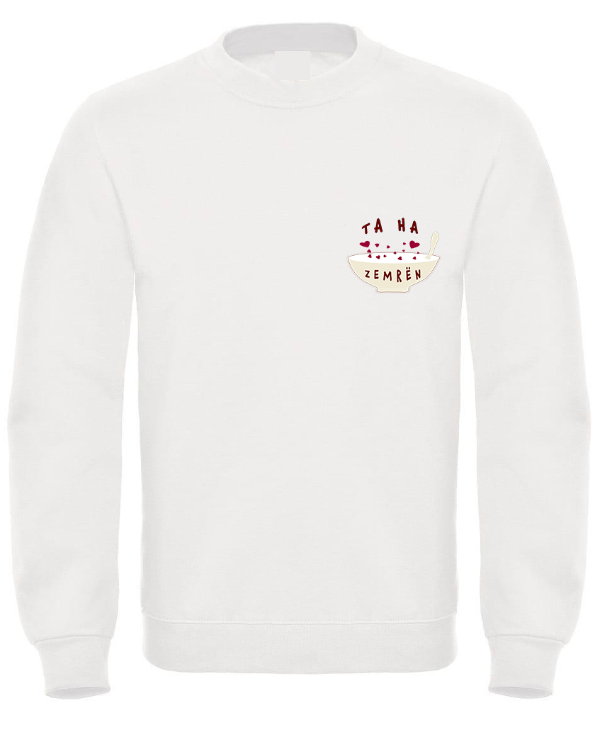 White jumper, sweater soft cotton with embrioded message. Ta ha zemren (albanian phrase) meaning eat your heart. Unisex crew neck sweater. No hood. Round Neck.
